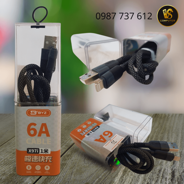 Cáp sạc nhanh 1m BYZ X97: USB ra Lightning, công suất 6A có bọc dây dù chống đứt cáp 2 đầu, hỗ trợ truyền dữ liệu