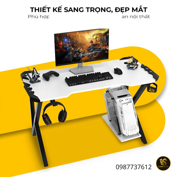 Bàn Gaming K2 Tích Hợp Lỗ Đi Dây, Kệ CPU, Chân Đen Mặt Trắng