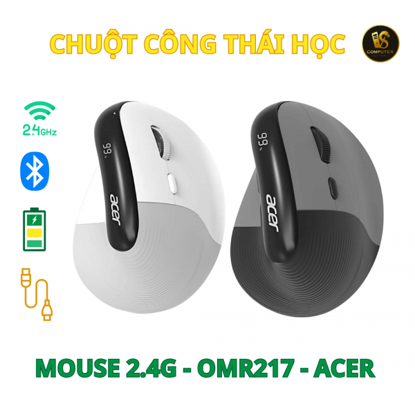 Chuột Không Dây Acer OMR217 Công Thái Học Dọc – 2.4GHz + Bluetooth, Sạc Type-C