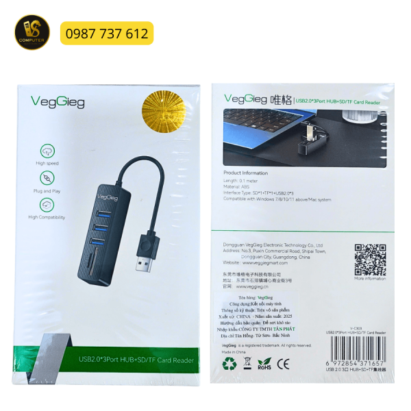 Hub USB VegGieg 3 Cổng + Đọc Thẻ SD/TF