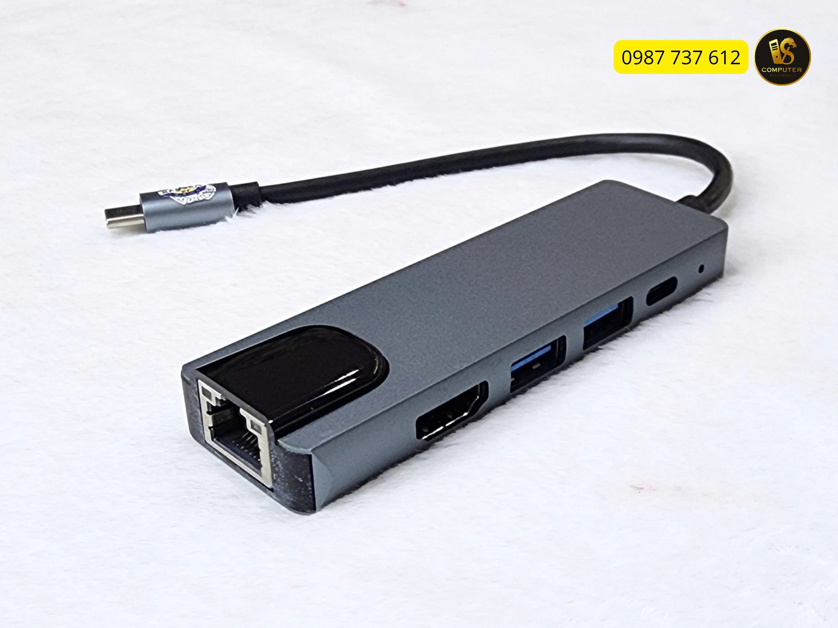 Bộ Hub Chuyển Đổi USB-C to HDTV 5 in 1 (LAN + HDMI + USB 3.0 + Type-C)