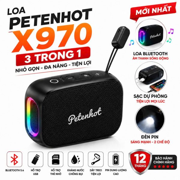 LOA PETENHOT X970 3 TRONG 1 – LOA BLUETOOTH + SẠC DỰ PHÒNG + ĐÈN PIN