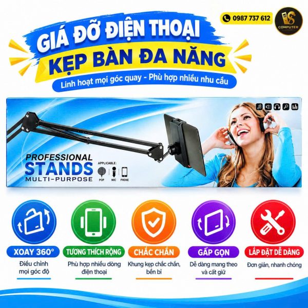 Giá Đỡ Điện Thoại Kẹp Bàn Đa Năng – Linh Hoạt Mọi Góc Quay, Lắp Đặt Dễ Dàng