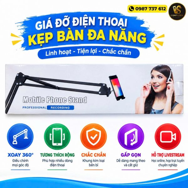 Giá Đỡ Điện Thoại Kẹp Bàn Đa Năng – Xoay 360 Độ, Khung Kim Loại Chắc Chắn