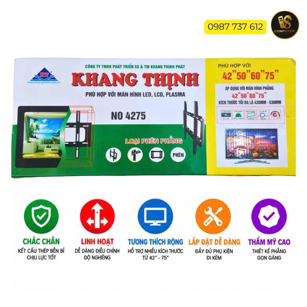 Khung Treo Tivi Phẳng Khang Thịnh NO 4275 (42 – 75 Inch) – Kết Cấu Thép Bền Bỉ, Tải Trọng Lớn